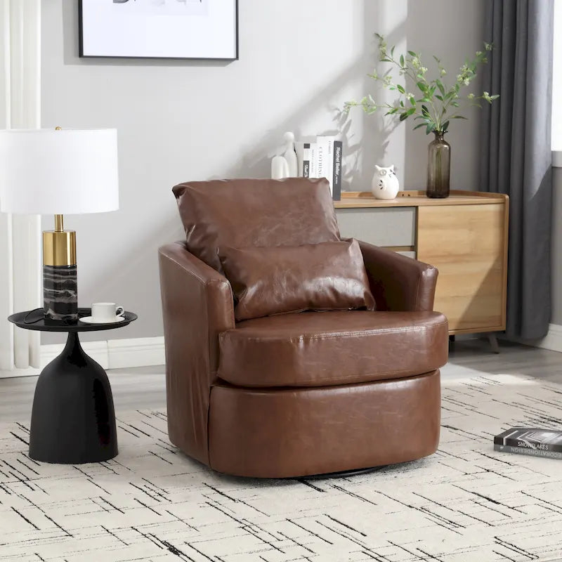 360 Degree Swivel Barrel Accent Chair PU Leather Cushioned Round Club Lounge Armchair