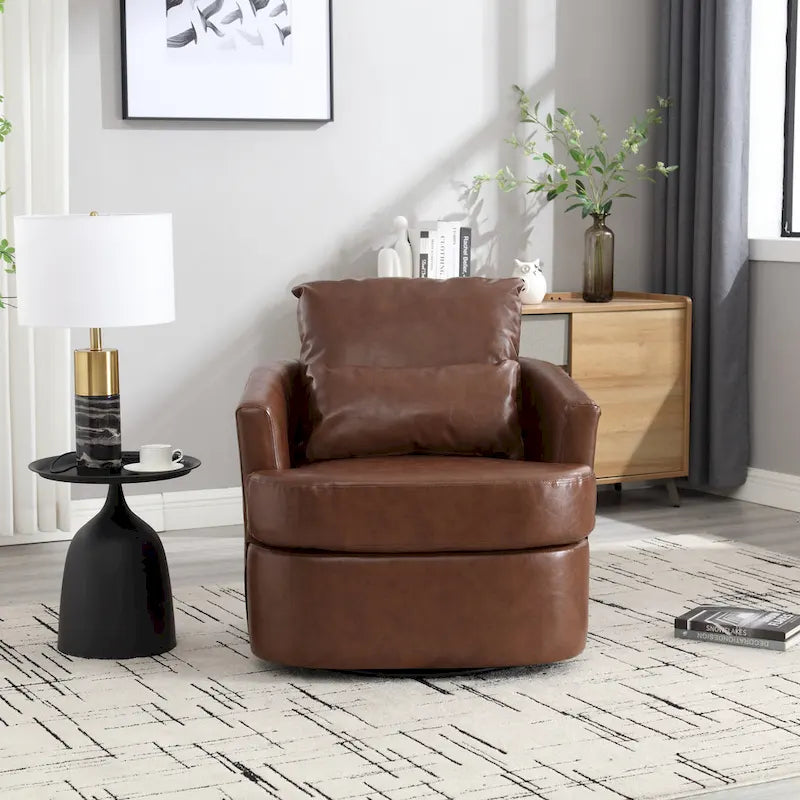 360 Degree Swivel Barrel Accent Chair PU Leather Cushioned Round Club Lounge Armchair