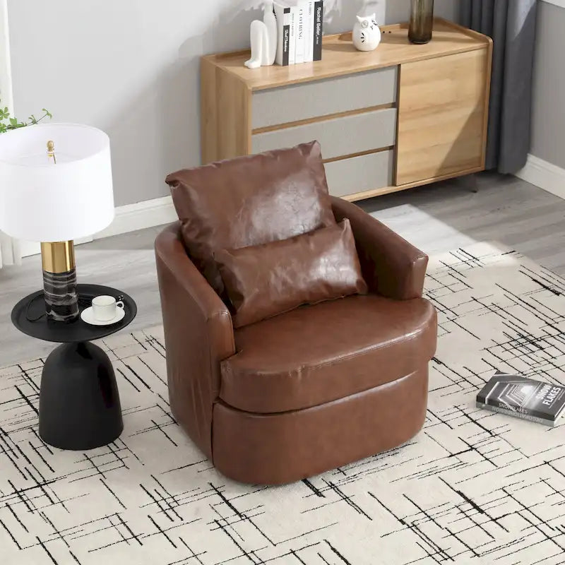 360 Degree Swivel Barrel Accent Chair PU Leather Cushioned Round Club Lounge Armchair