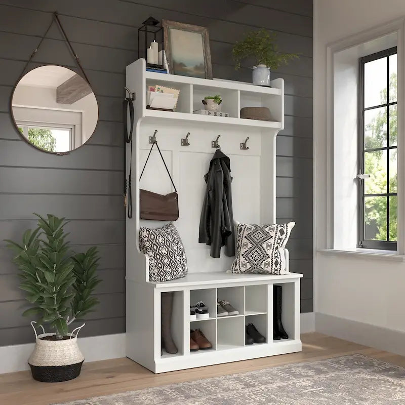 Transitional Entryway Hall Tree with Coat Hooks and Shoe Storage Bench