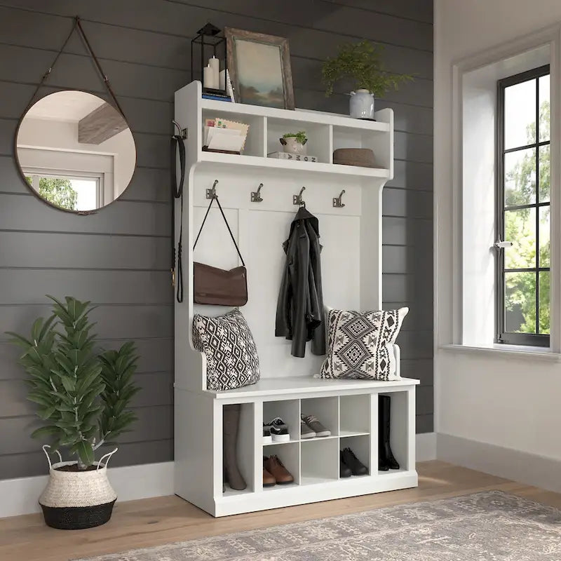 Transitional Entryway Hall Tree with Coat Hooks and Shoe Storage Bench