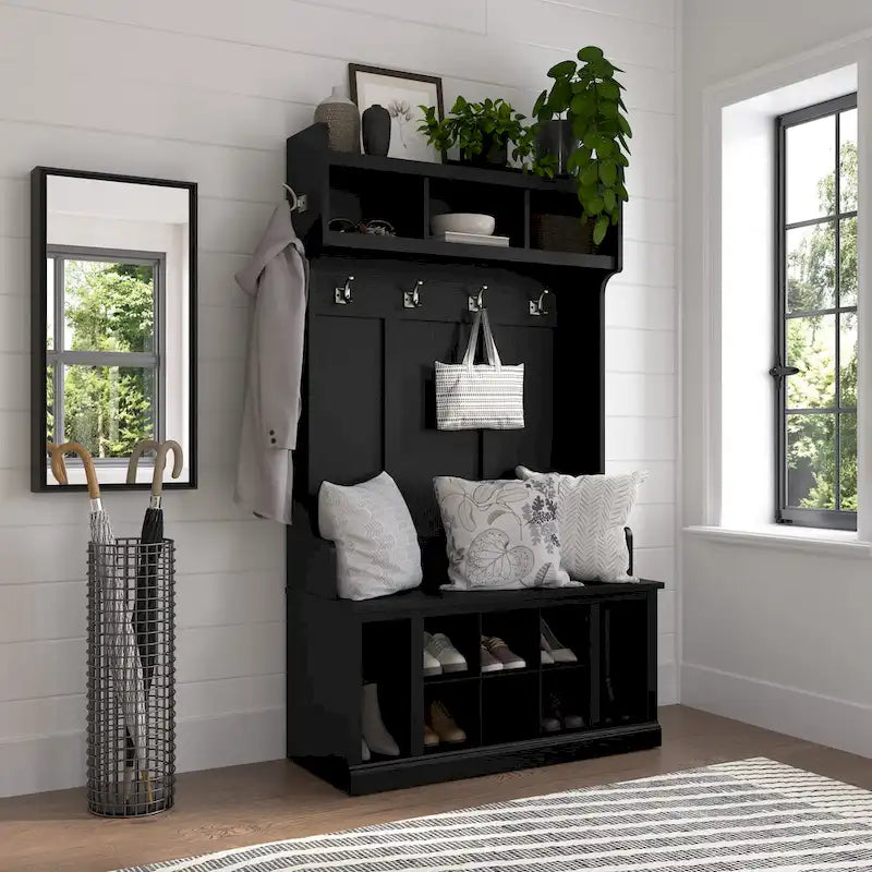 Transitional Entryway Hall Tree with Coat Hooks and Shoe Storage Bench