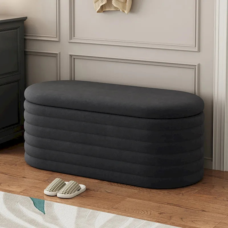 Upholstered Chenille Storage Ottoman Bench with Flip-Top Safety Hinge