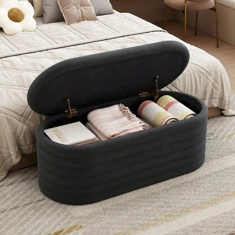 Upholstered Chenille Storage Ottoman Bench with Flip-Top Safety Hinge