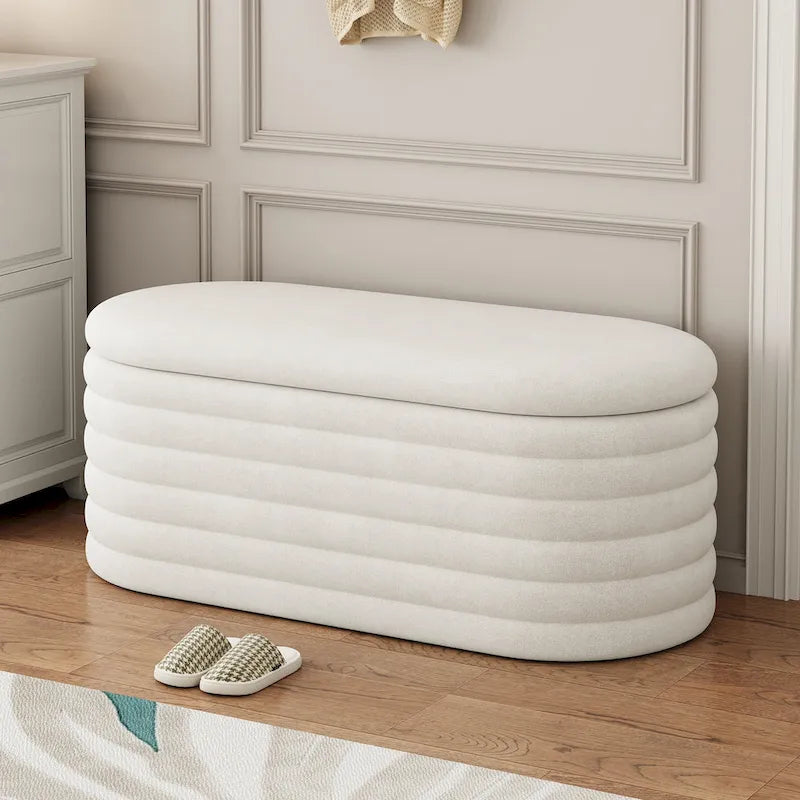 Upholstered Chenille Storage Ottoman Bench with Flip-Top Safety Hinge
