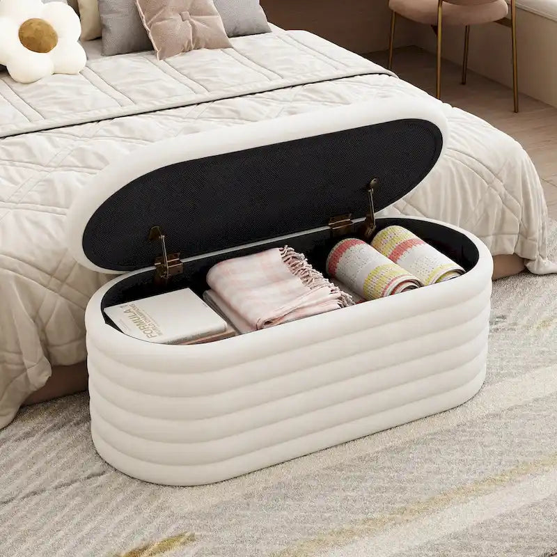 Upholstered Chenille Storage Ottoman Bench with Flip-Top Safety Hinge