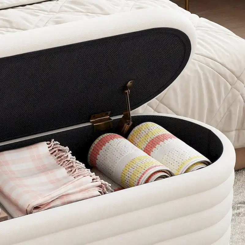 Upholstered Chenille Storage Ottoman Bench with Flip-Top Safety Hinge