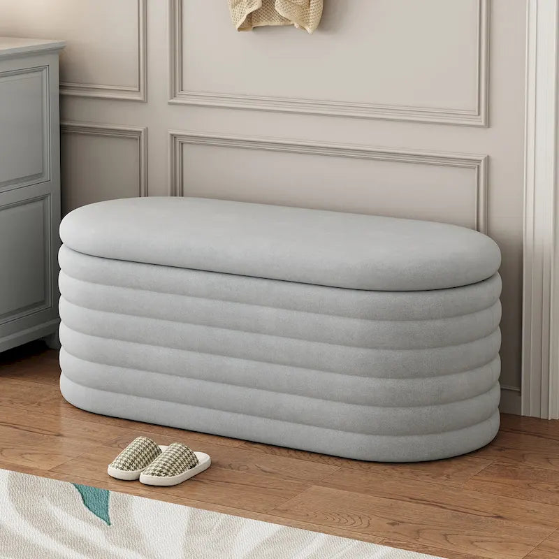 Upholstered Chenille Storage Ottoman Bench with Flip-Top Safety Hinge