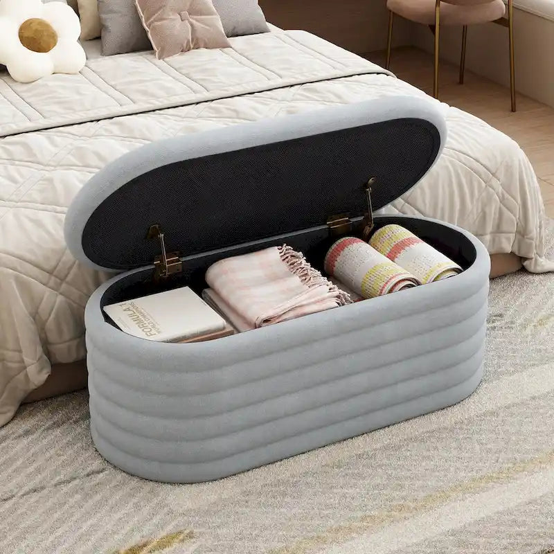 Upholstered Chenille Storage Ottoman Bench with Flip-Top Safety Hinge