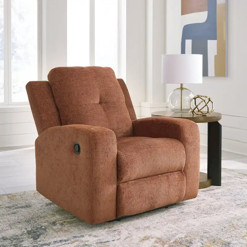 Zero Wall Recliner Chair Tufted Back Beige Orange Polyester Upholstery Pull Tab