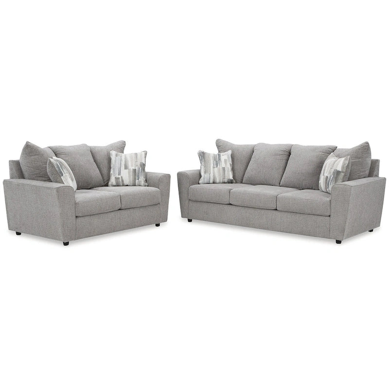 Gray Chenille Upholstered Sofa with Flared Arms and Accent Pillows