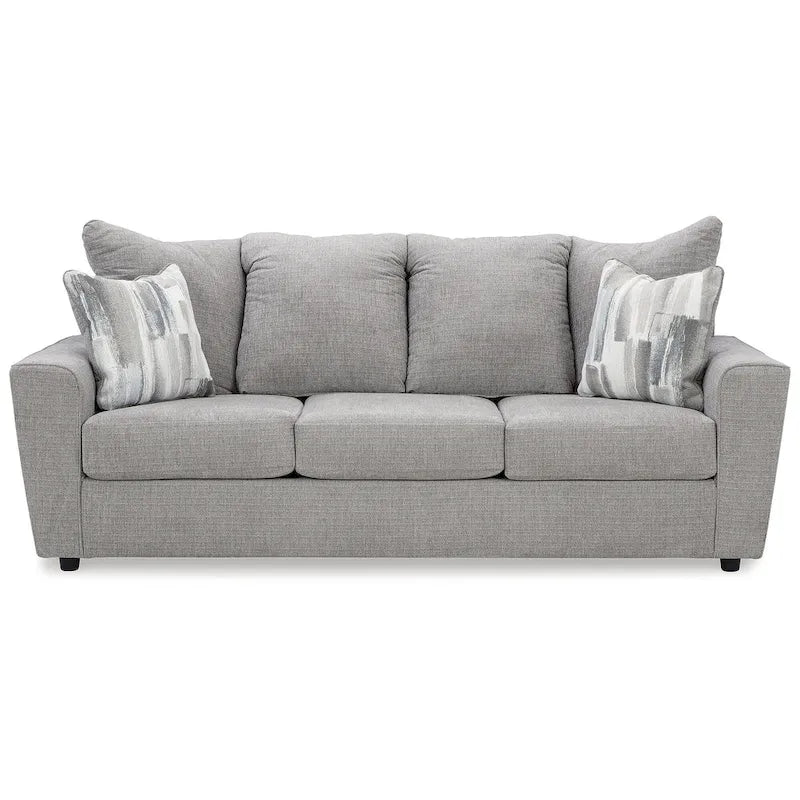 Gray Chenille Upholstered Sofa with Flared Arms and Accent Pillows