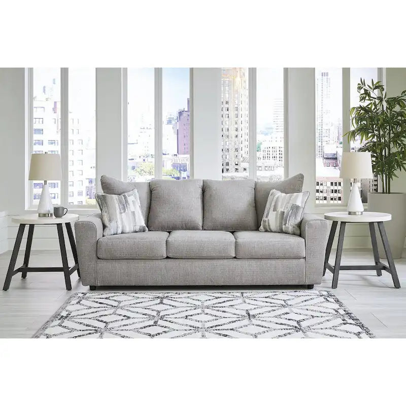 Gray Chenille Upholstered Sofa with Flared Arms and Accent Pillows