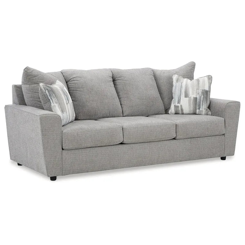 Gray Chenille Upholstered Sofa with Flared Arms and Accent Pillows