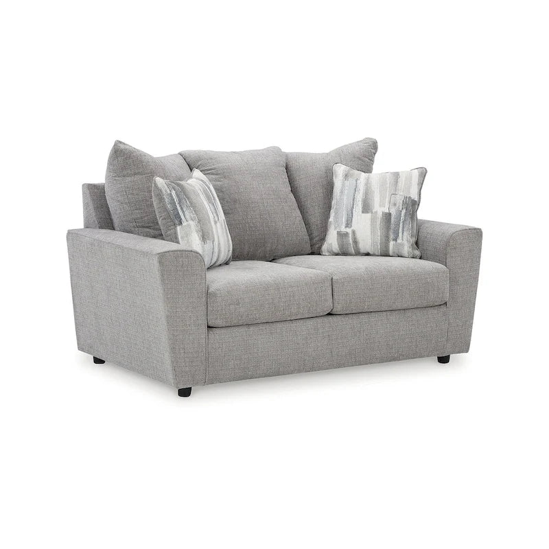 Gray Chenille Upholstered Sofa with Flared Arms and Accent Pillows