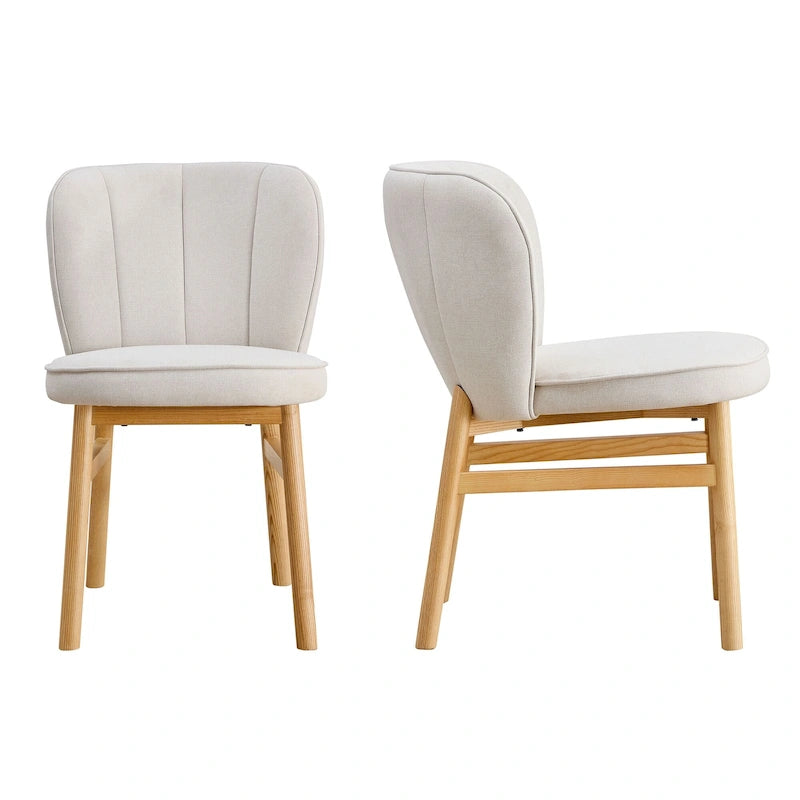 Ivory Upholstered Shell-Back Dining Chair with Natural Ash Wood Legs