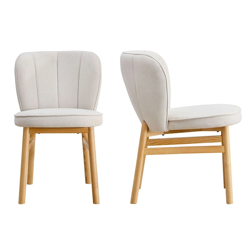 Ivory Upholstered Shell-Back Dining Chair with Natural Ash Wood Legs