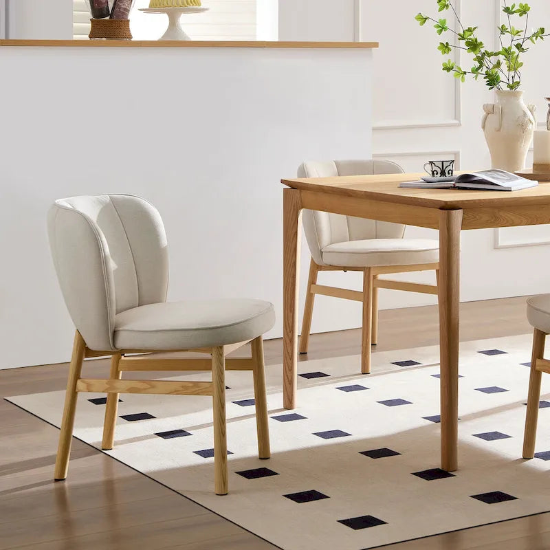Ivory Upholstered Shell-Back Dining Chair with Natural Ash Wood Legs