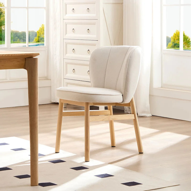 Ivory Upholstered Shell-Back Dining Chair with Natural Ash Wood Legs
