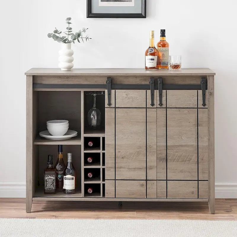 Sliding Barn Door Storage Cabinet with Adjustable Shelves and Wine Rack