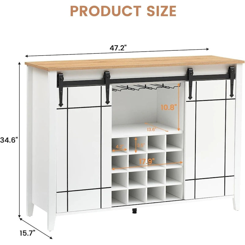 Sliding Barn Door Storage Cabinet with Adjustable Shelves and Wine Rack