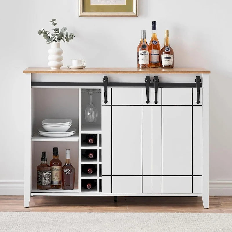 Sliding Barn Door Storage Cabinet with Adjustable Shelves and Wine Rack