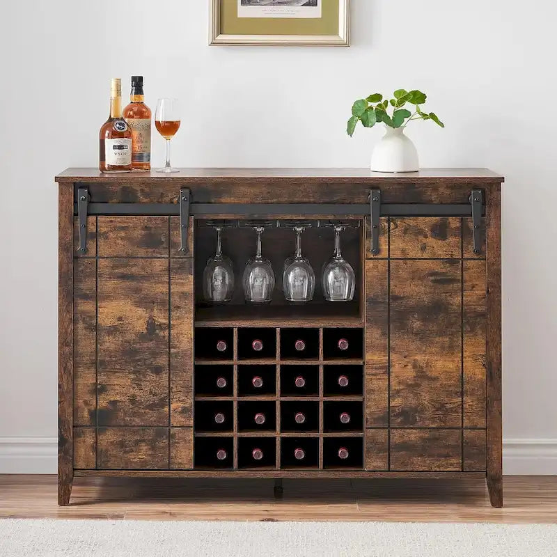 Sliding Barn Door Storage Cabinet with Adjustable Shelves and Wine Rack