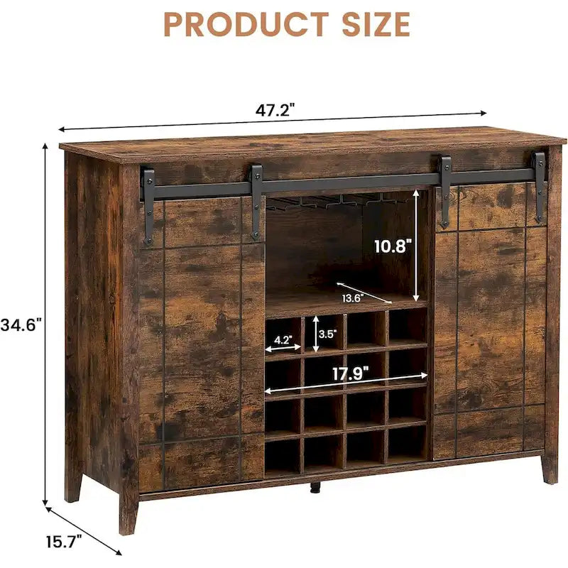 Sliding Barn Door Storage Cabinet with Adjustable Shelves and Wine Rack