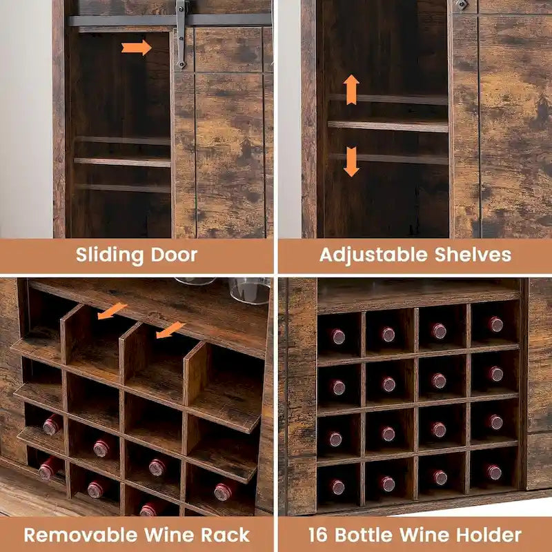 Sliding Barn Door Storage Cabinet with Adjustable Shelves and Wine Rack