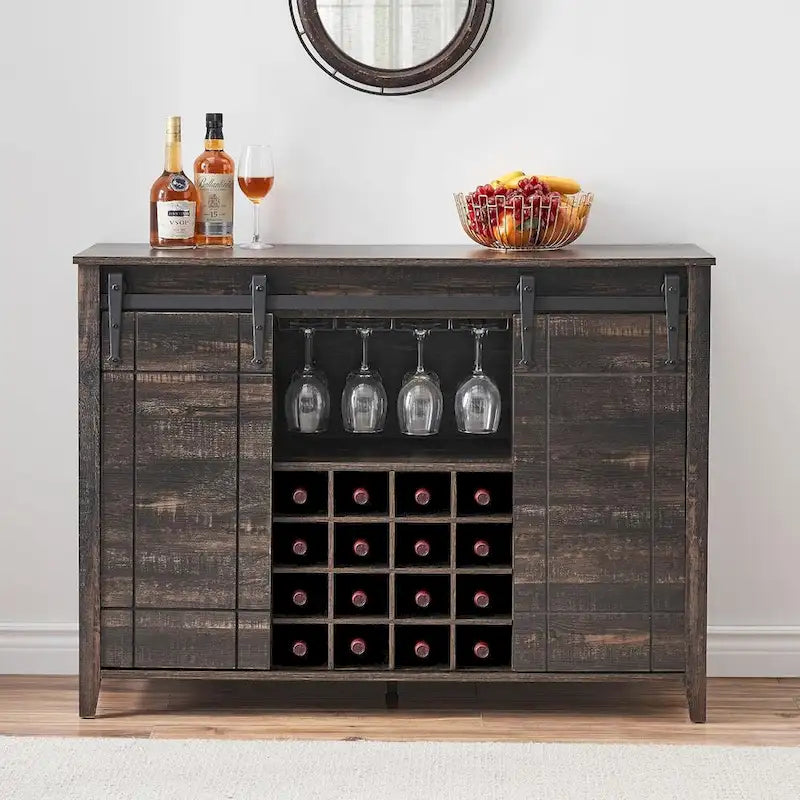 Sliding Barn Door Storage Cabinet with Adjustable Shelves and Wine Rack