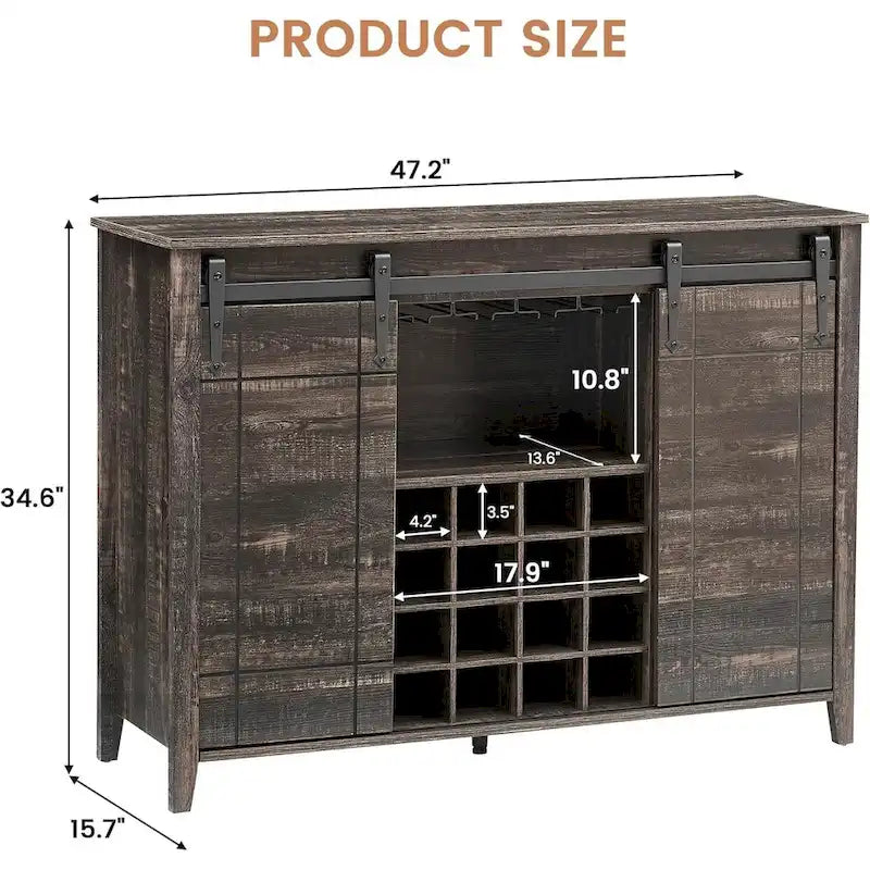 Sliding Barn Door Storage Cabinet with Adjustable Shelves and Wine Rack