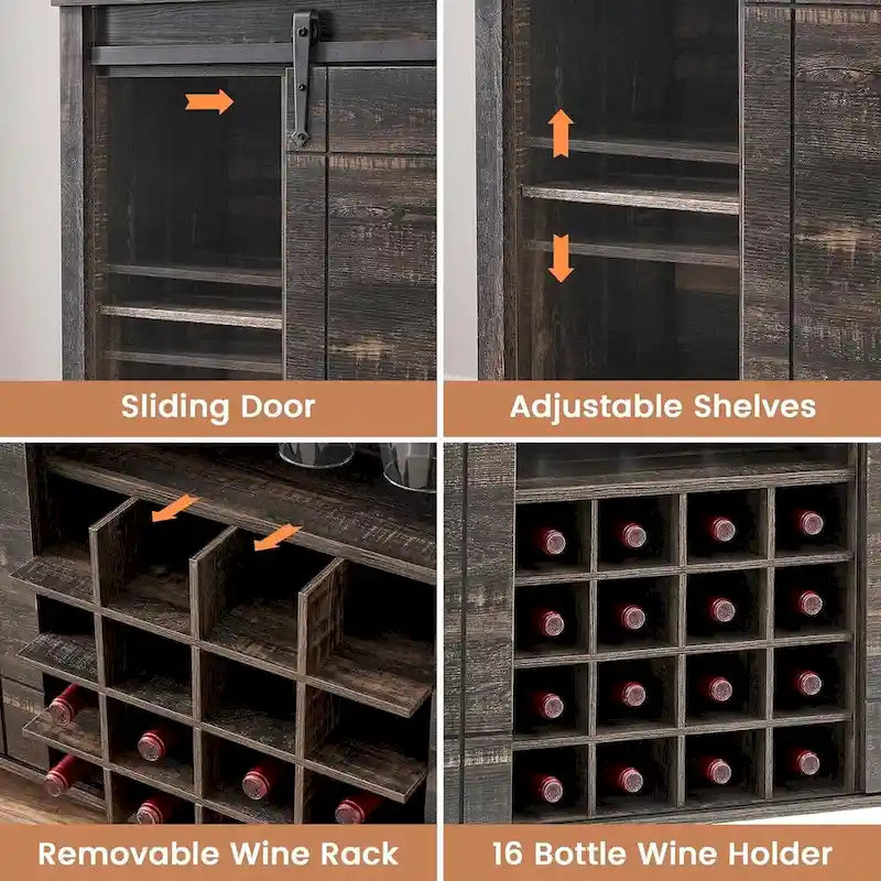 Sliding Barn Door Storage Cabinet with Adjustable Shelves and Wine Rack