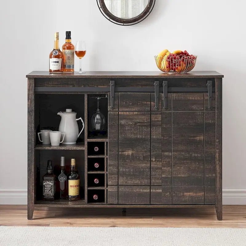 Sliding Barn Door Storage Cabinet with Adjustable Shelves and Wine Rack