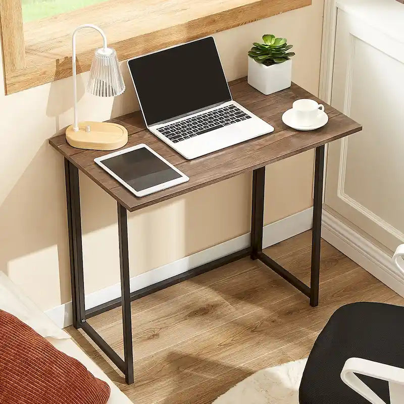Foldable Writing Desk Brown Industrial Wood Metal Frame Space Saving