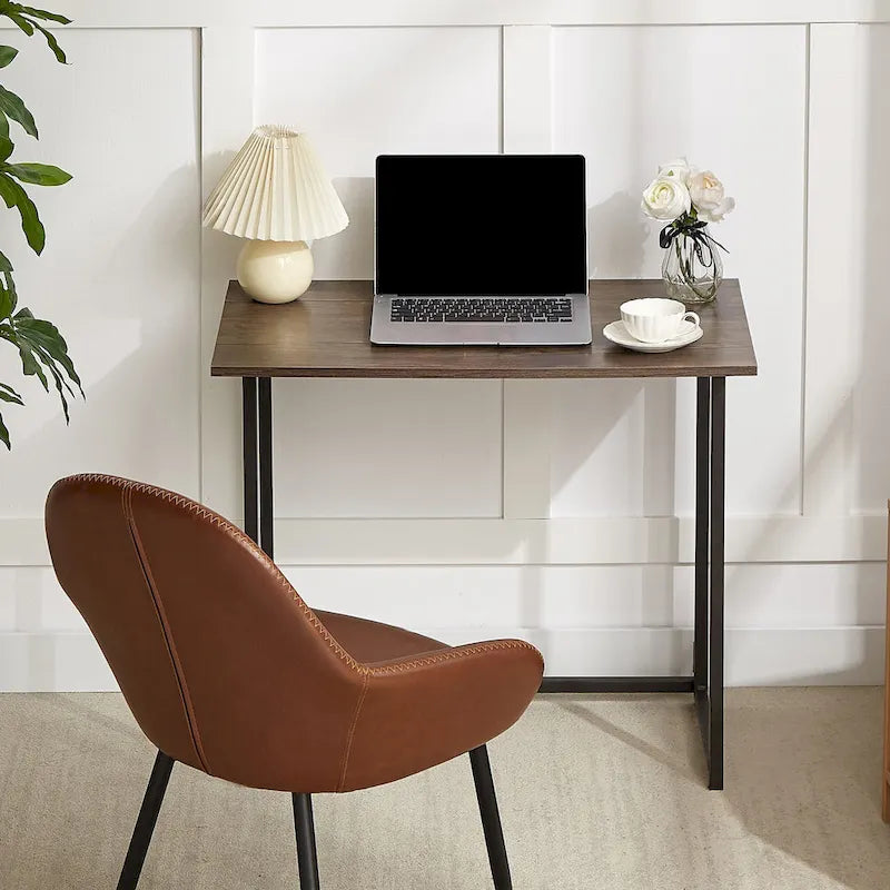 Foldable Writing Desk Brown Industrial Wood Metal Frame Space Saving