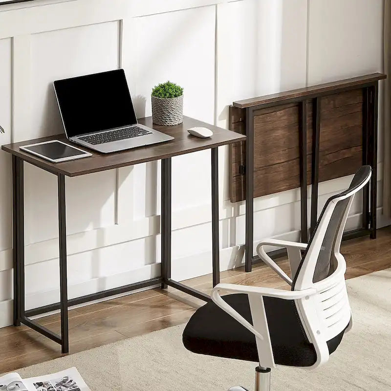 Foldable Writing Desk Brown Industrial Wood Metal Frame Space Saving