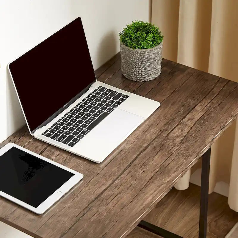 Foldable Writing Desk Brown Industrial Wood Metal Frame Space Saving