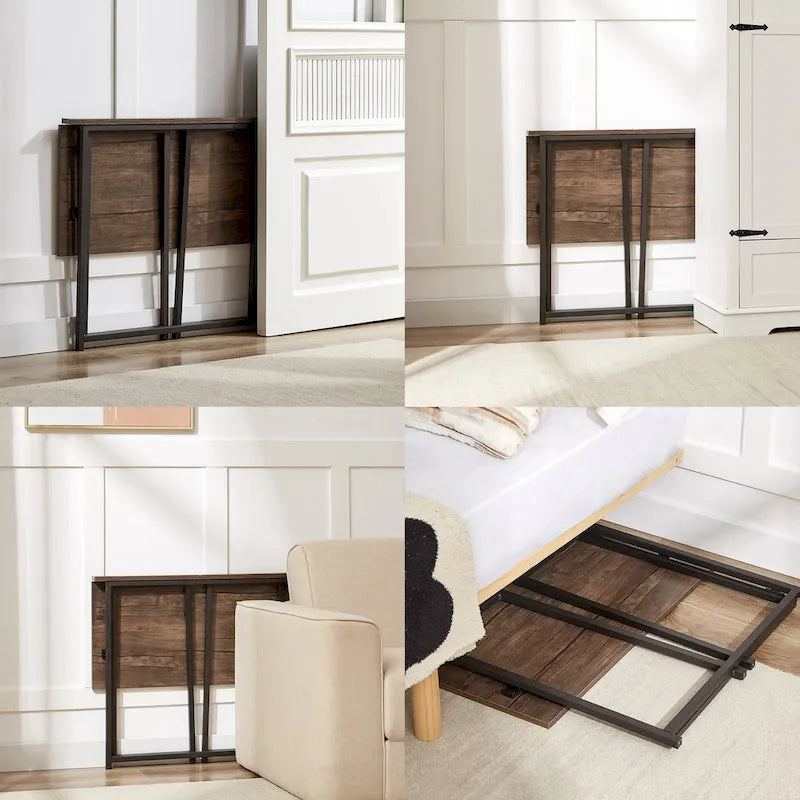 Foldable Writing Desk Brown Industrial Wood Metal Frame Space Saving