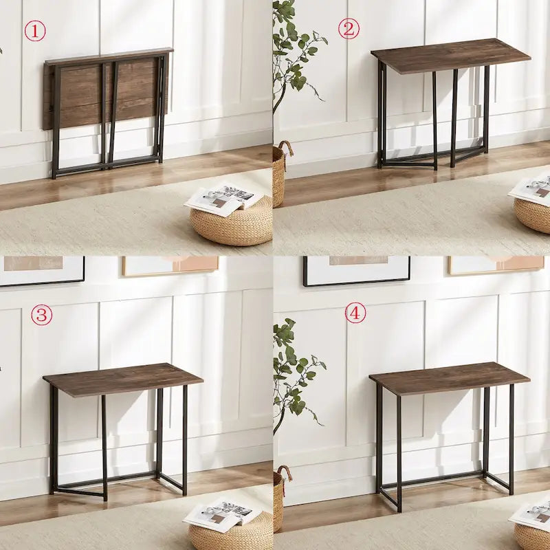 Foldable Writing Desk Brown Industrial Wood Metal Frame Space Saving