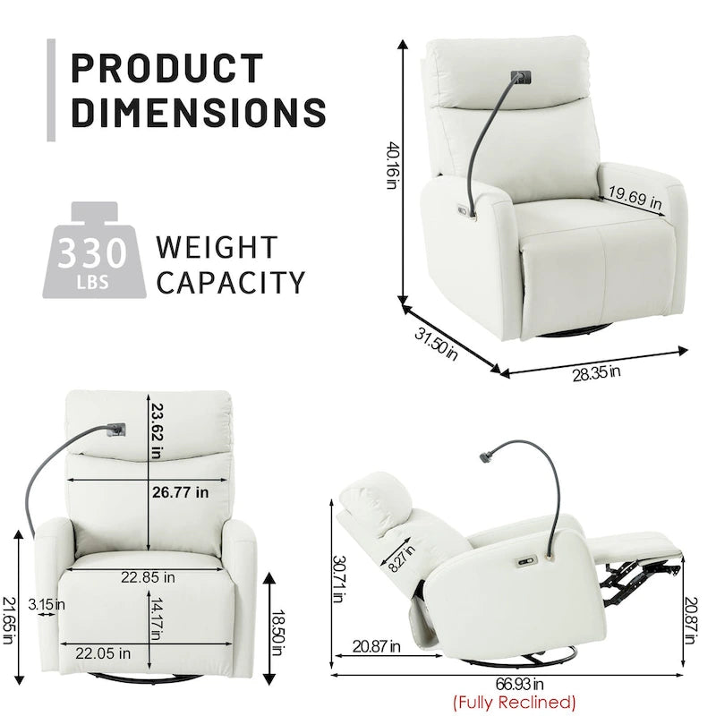 Power Recliner Swivel Rocker Chair with USB Port Light Gray