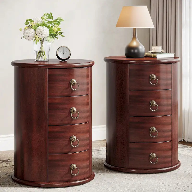 Oval Solid Wood Nightstand with 4 Drawers Cherry Black