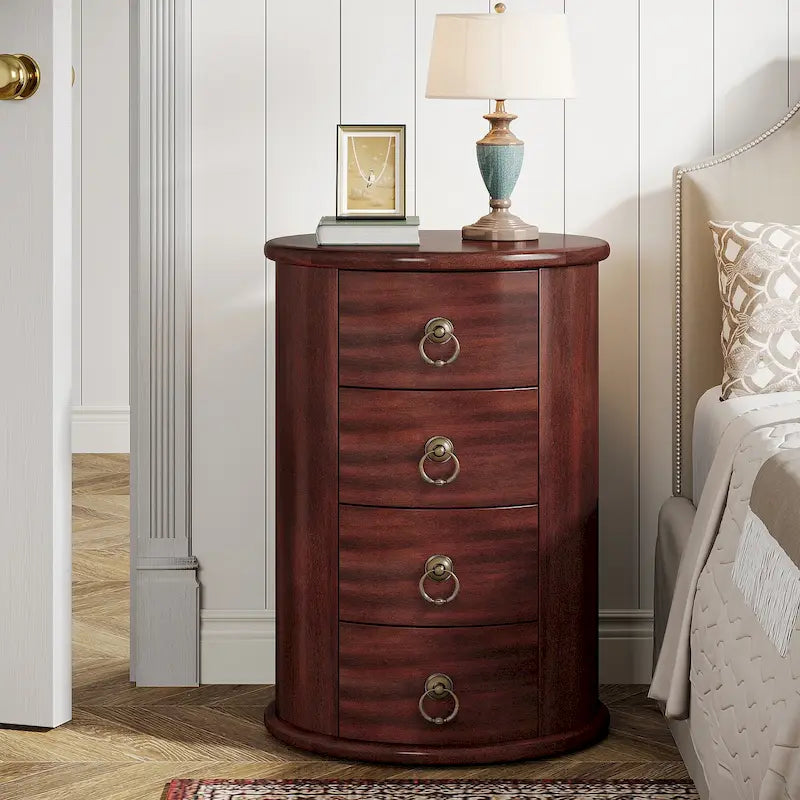 Oval Solid Wood Nightstand with 4 Drawers Cherry Black