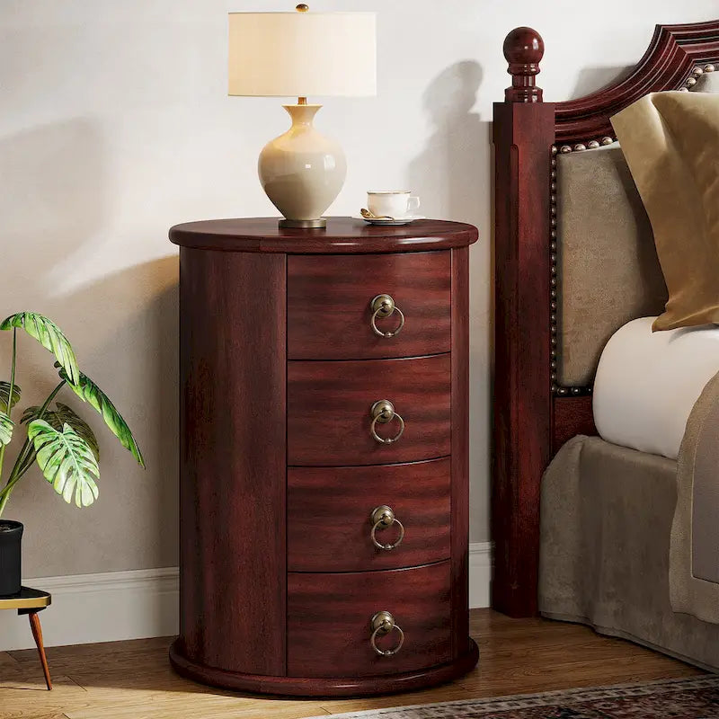 Oval Solid Wood Nightstand with 4 Drawers Cherry Black