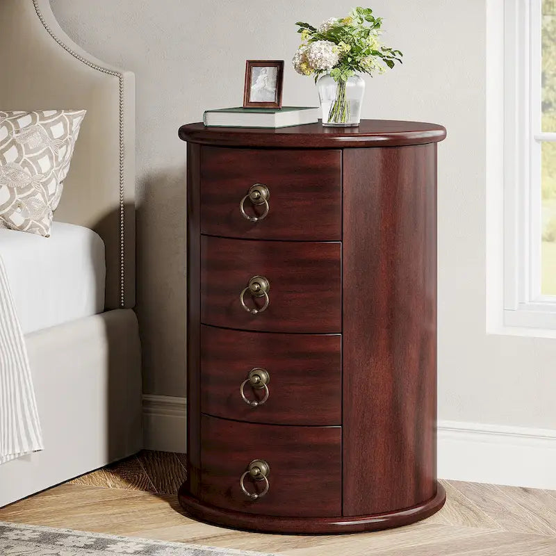 Oval Solid Wood Nightstand with 4 Drawers Cherry Black