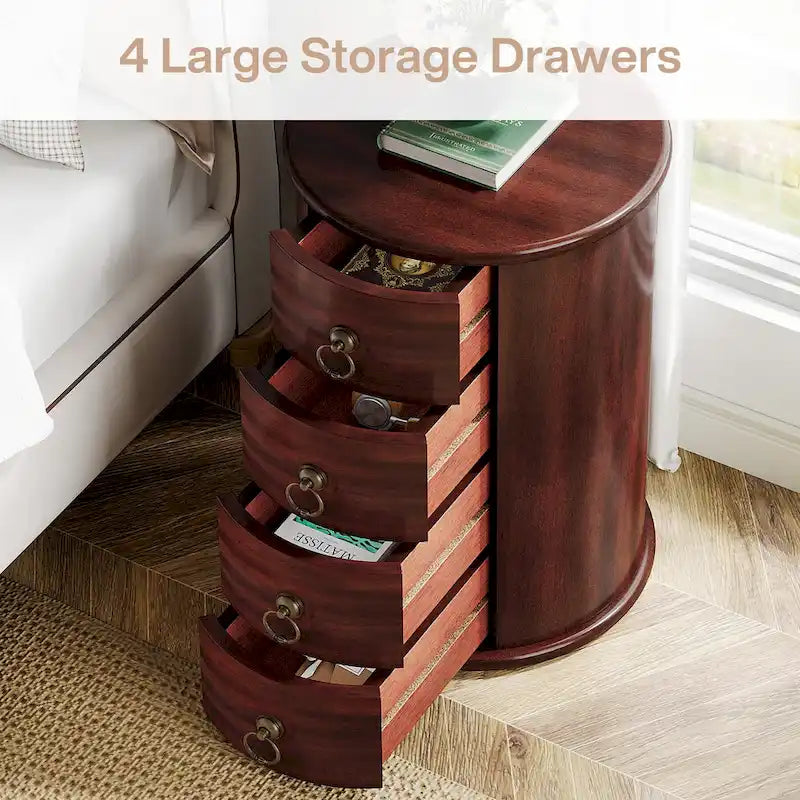 Oval Solid Wood Nightstand with 4 Drawers Cherry Black