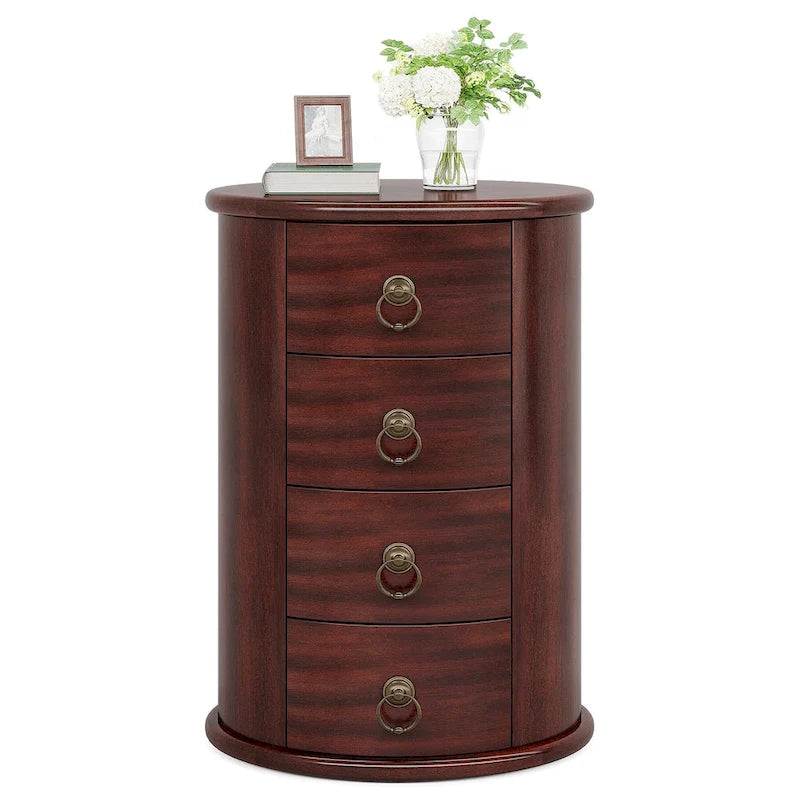 Oval Solid Wood Nightstand with 4 Drawers Cherry Black