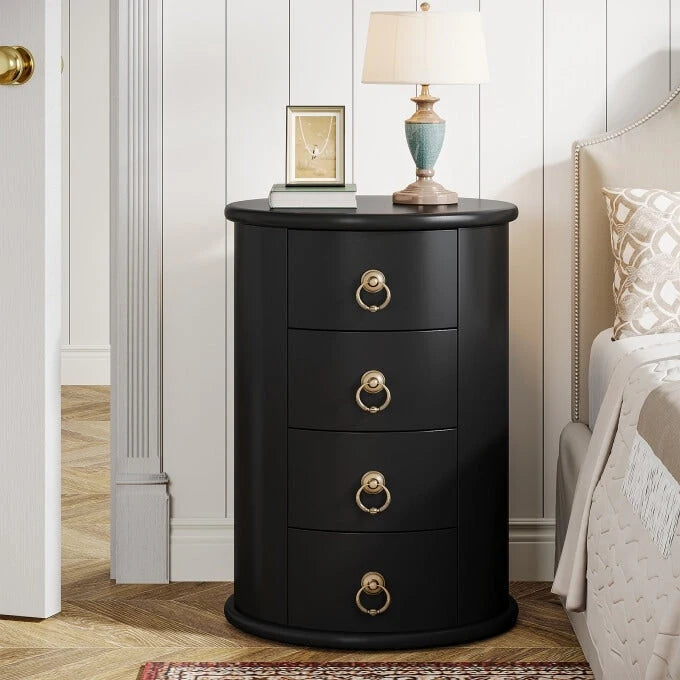 Oval Solid Wood Nightstand with 4 Drawers Cherry Black