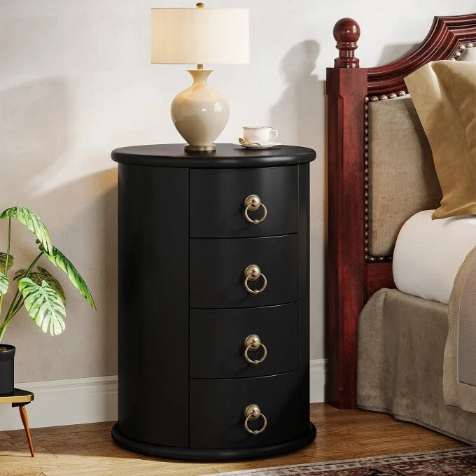 Oval Solid Wood Nightstand with 4 Drawers Cherry Black