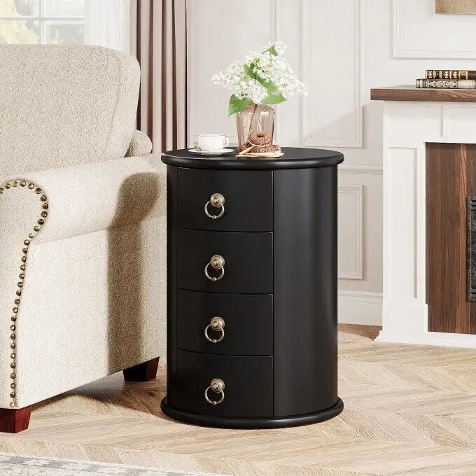 Oval Solid Wood Nightstand with 4 Drawers Cherry Black