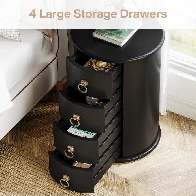 Oval Solid Wood Nightstand with 4 Drawers Cherry Black